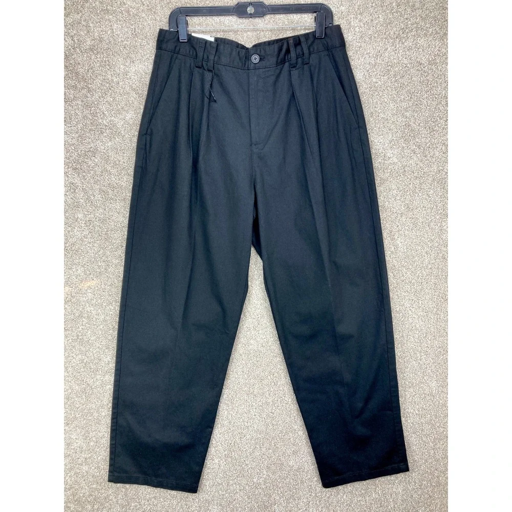 Zara Straight Fit Pleated Chino Pants Mens 32 Black Cotton Office Dark Academia